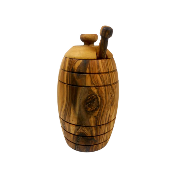 Ensemble Pot à miel en bois d'olivier naturel avec sa cuillère et son  couvercle - Cuillère à miel seul ou par deux - 14 x 8 cm